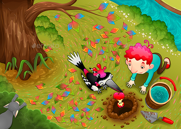 Woodpecker and the Boy are Seeding an Apple Seed - Animals Characters
