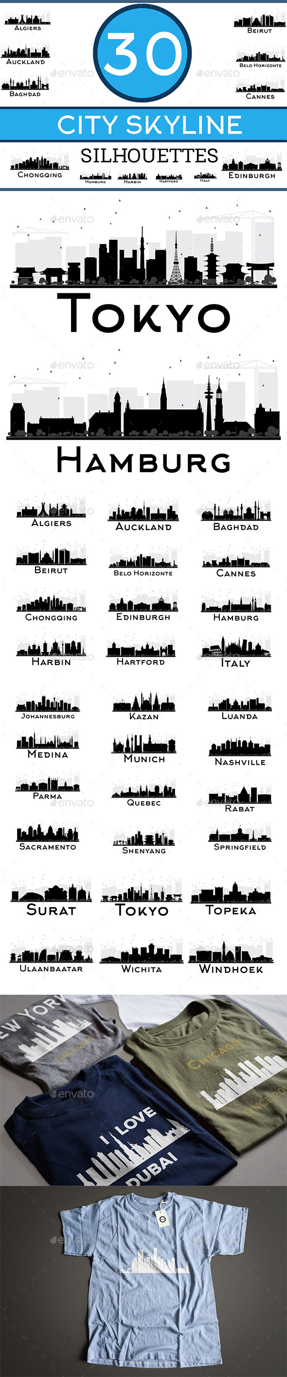 30 City Skyline Silhouettes - Buildings Objects