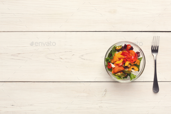 Various salad bowls on white wooden table, top view - Stock Photo - Images