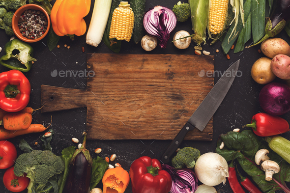 Frame of fresh vegetables on wooden background with copy space - Stock Photo - Images