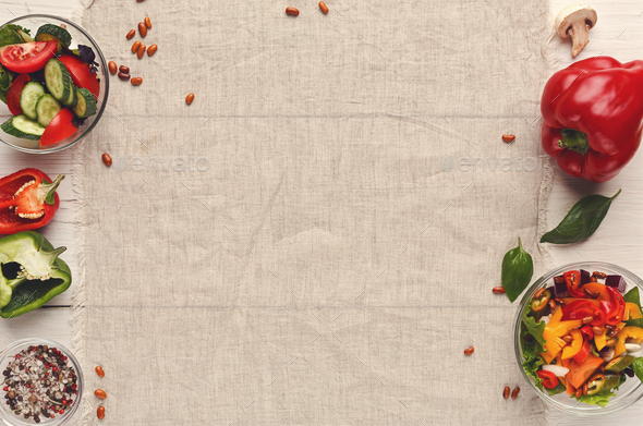 Various salad bowls on white wooden table, top view - Stock Photo - Images