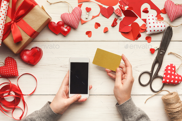 Valentine day online shopping background with copy space - Stock Photo - Images