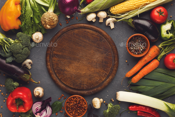 Frame of fresh vegetables on wooden background with copy space - Stock Photo - Images