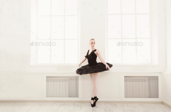 Beautiful graceful ballerina in black swan dress - Stock Photo - Images
