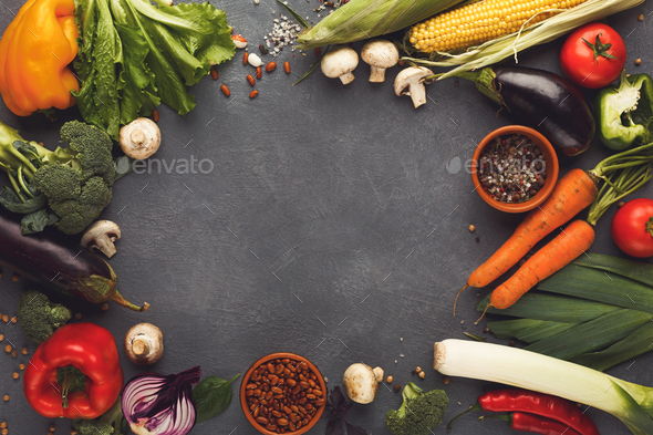 Frame of fresh vegetables on wooden background with copy space - Stock Photo - Images
