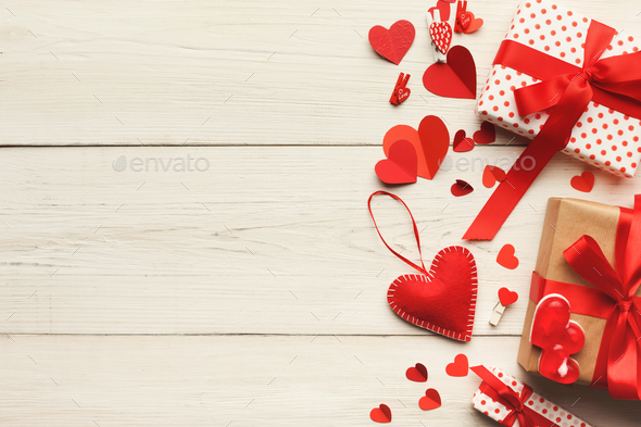 Valentine day background, handmade giftbox on wood, copy space - Stock Photo - Images