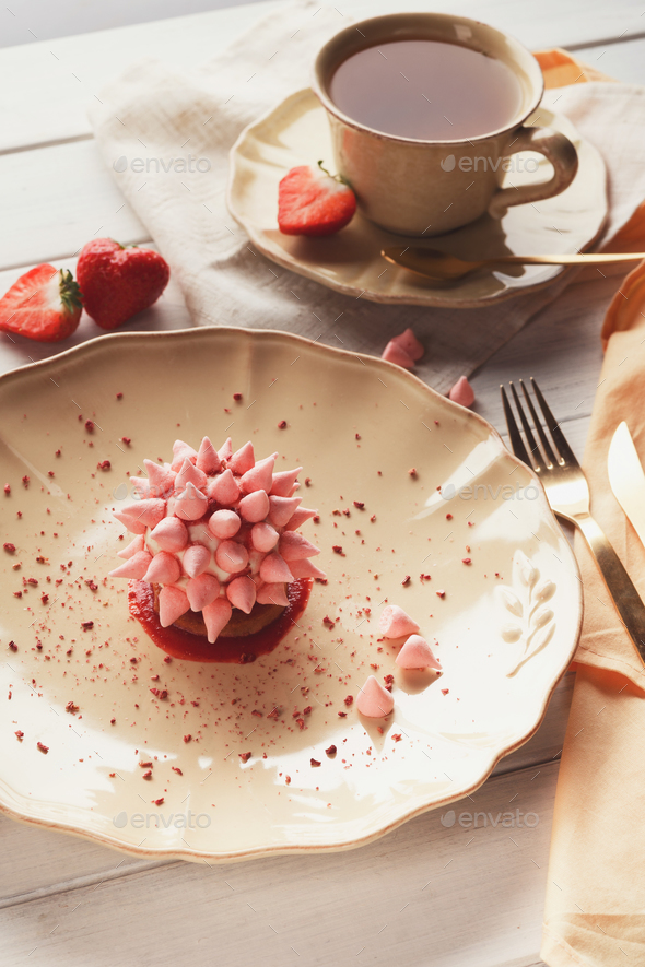 Pink restaurant dessert on porcelain plate - Stock Photo - Images