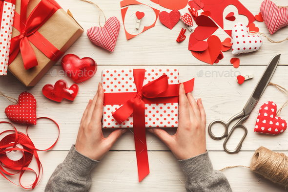 Valentine day background, handmade giftbox on wood, copy space - Stock Photo - Images