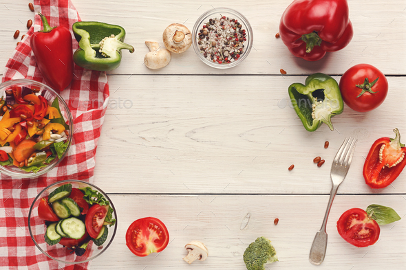 Various salad bowls on white wooden table, top view - Stock Photo - Images
