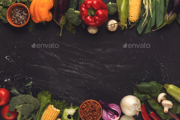 Border of fresh vegetables on wooden background with copy space - Stock Photo - Images