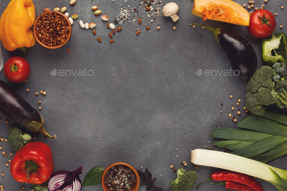 Frame of fresh vegetables on wooden background with copy space - Stock Photo - Images