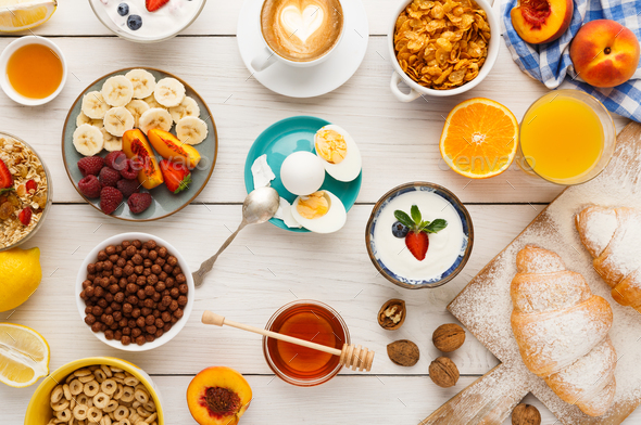 Continental breakfast menu on woden table - Stock Photo - Images