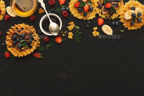 Waffles with fruits, breakfast background - Stock Photo - Images