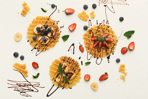 Waffles with fruits, breakfast background - Stock Photo - Images