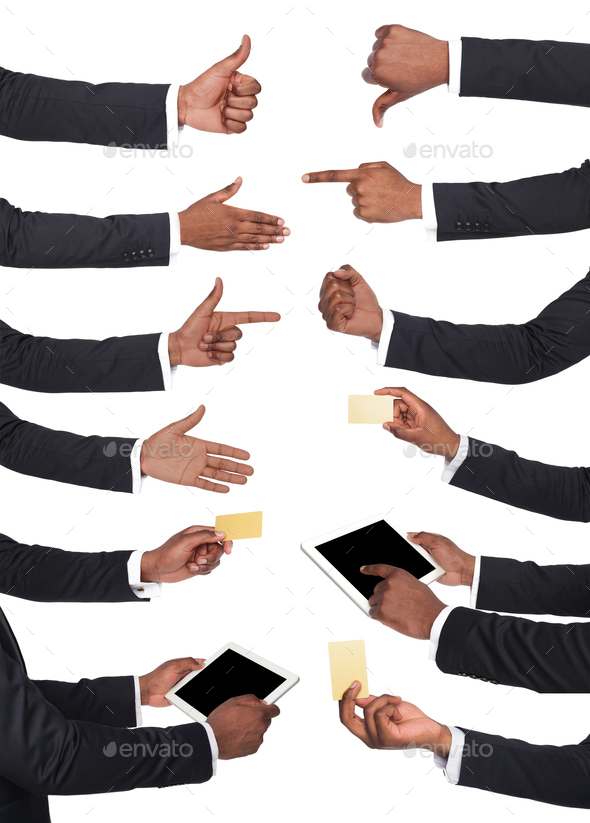 Black male hands holding items and showing symbols. - Stock Photo - Images