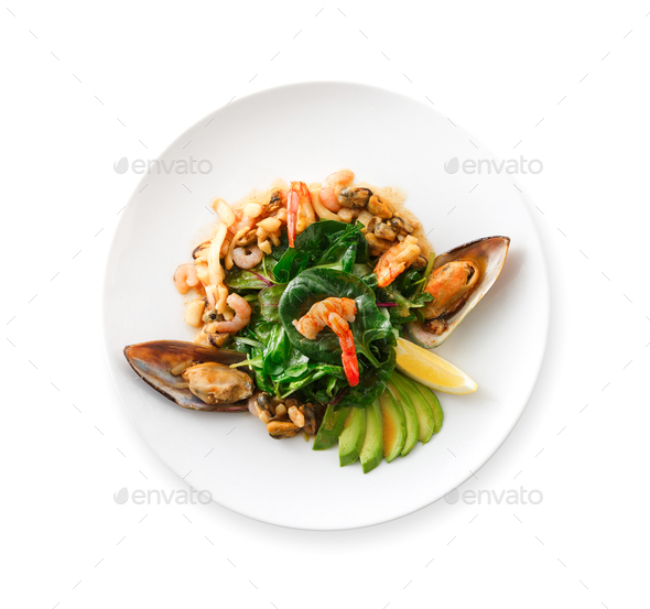 Warm salad with grilled seafood isolated - Stock Photo - Images