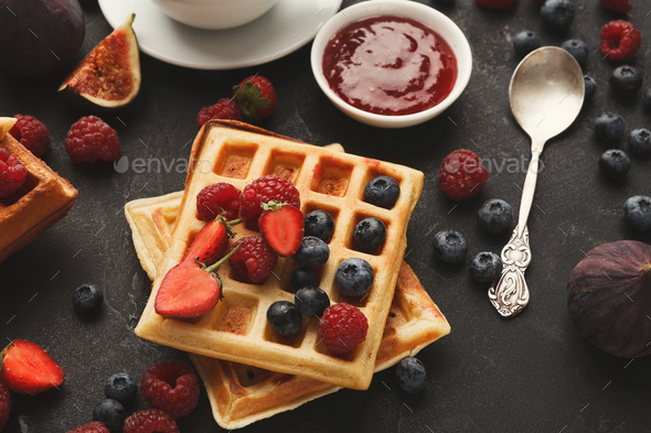 Belgium waffles with berries and f - Stock Photo - Images