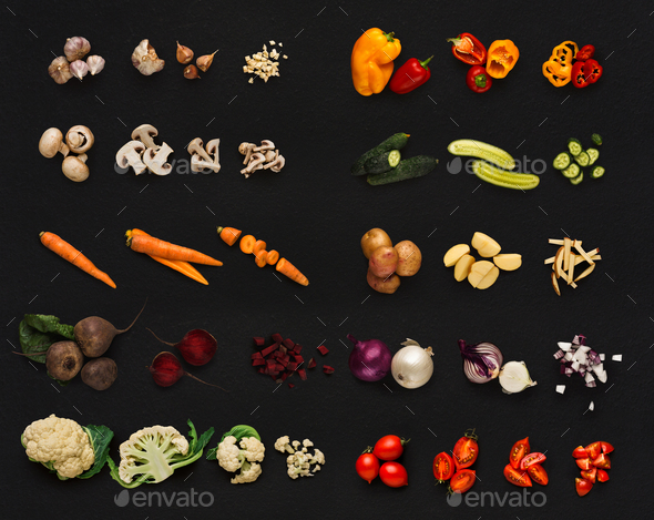 Collage of various vegetables on black background, isolated - Stock Photo - Images