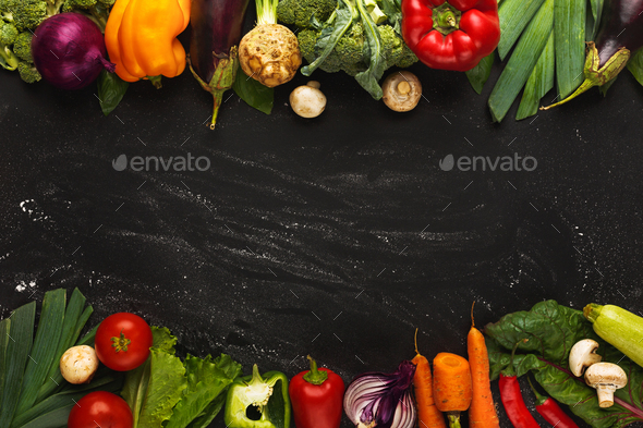 Border of fresh vegetables on wooden background with copy space - Stock Photo - Images
