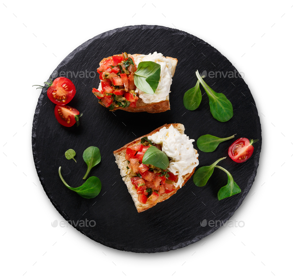 Bruschetta with cheese and vegetables isolated - Stock Photo - Images