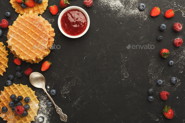 Round belgium waffles with berries - Stock Photo - Images