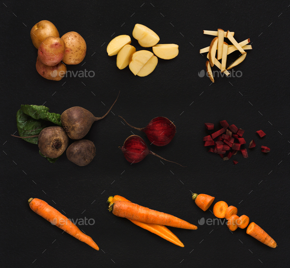 Collage of various vegetables on black background, isolated - Stock Photo - Images