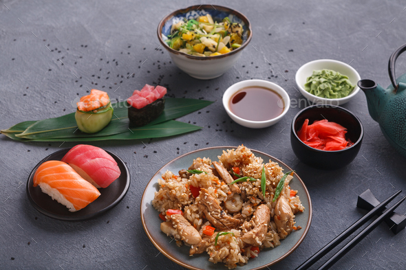Served table with asian food - Stock Photo - Images