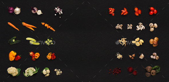 Collage of various vegetables on black background, isolated - Stock Photo - Images