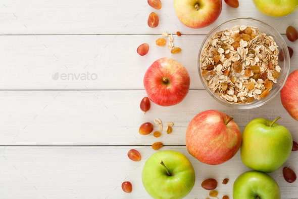 Healthy morning meals with muesli and apples - Stock Photo - Images
