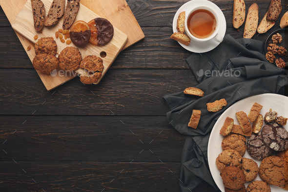 Oatmeals cookies and biscotti for warm winter evening - Stock Photo - Images