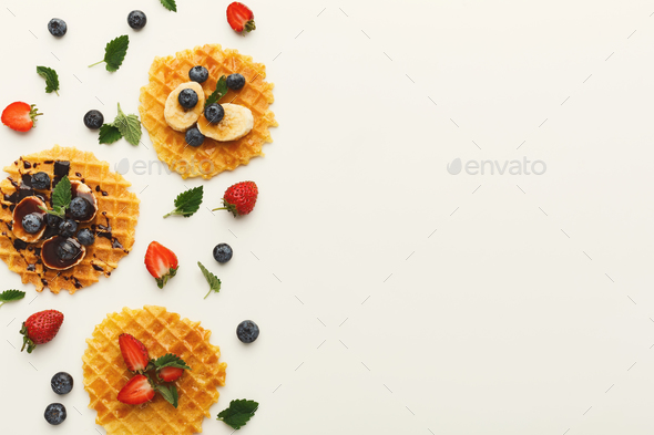 Waffles with fruits, breakfast background - Stock Photo - Images