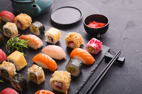 Sushi and rolls background, japanese cuisine - Stock Photo - Images