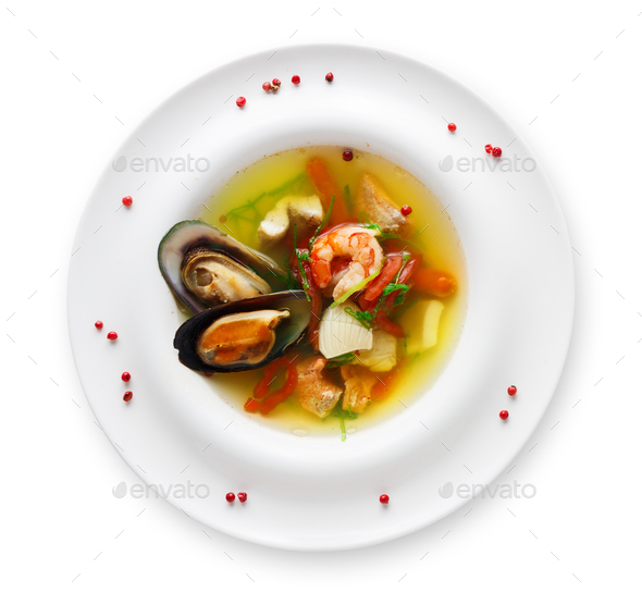 French seafood soup plate isolated on white - Stock Photo - Images