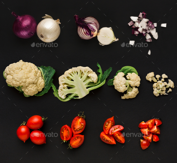 Collage of various vegetables on black background, isolated - Stock Photo - Images