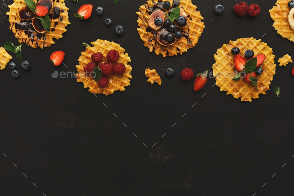 Waffles with fruits, breakfast background - Stock Photo - Images