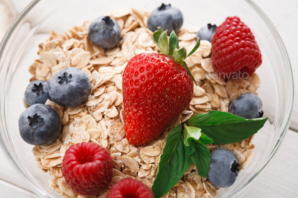 Healthy breakfast on white wooden table, closeup - Stock Photo - Images