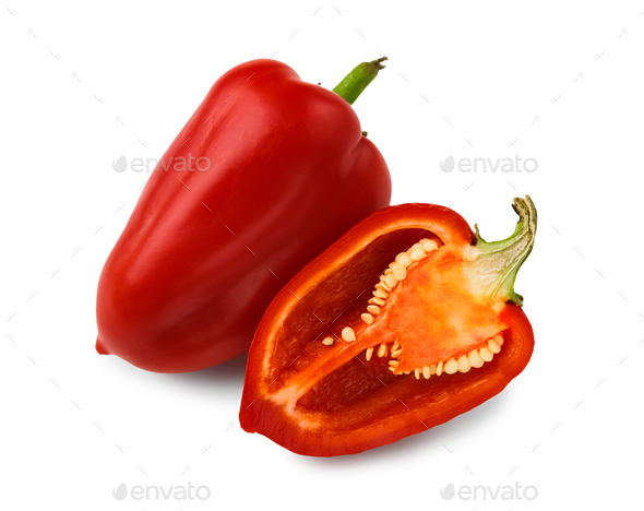 Cut and whole red pepper isolated on white background - Stock Photo - Images