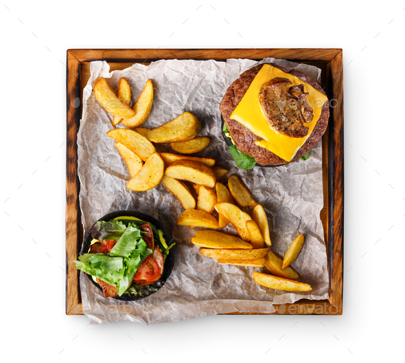 Take away burger menu on wooden tray isolated