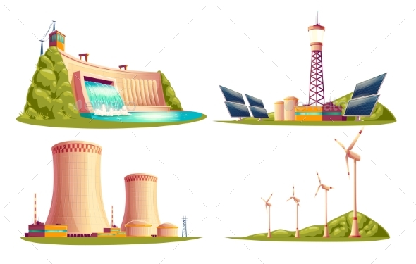 Vector Cartoon Power Stations Isolated Set - Industries Business