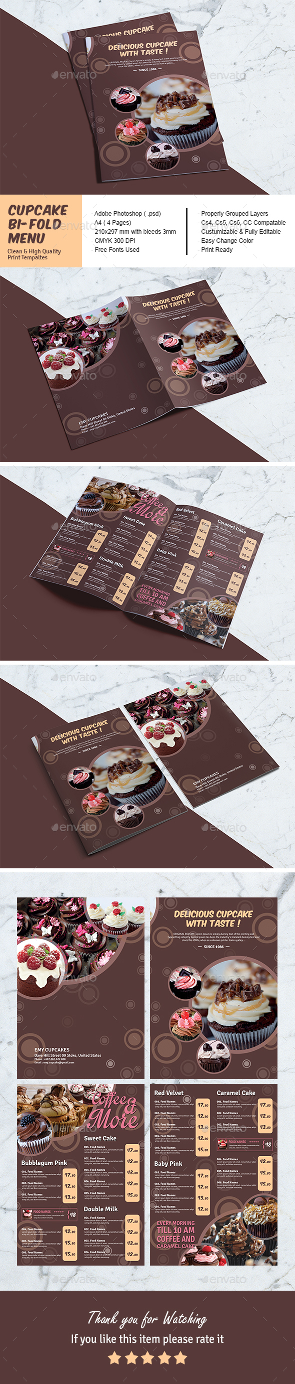 Cupcake Bi-Fold Menu Template - Food Menus Print Templates