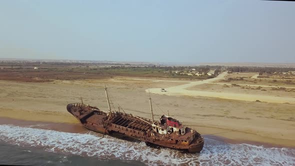 Aerial view of a shipwreck at the beach, Angola, Africa