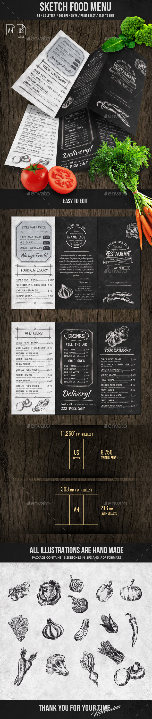 Sketch Trifold Food Menu A4 and US Letter - Food Menus Print Templates