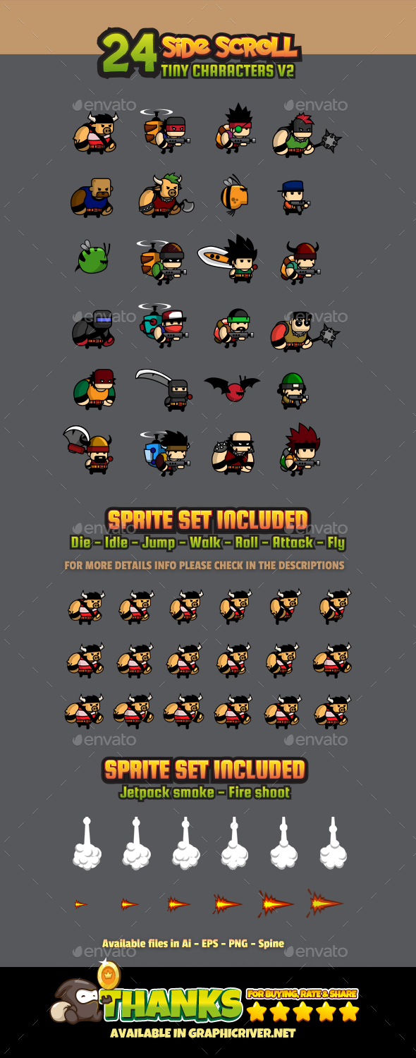 24 Tiny Characters V2 - Sprites Game Assets