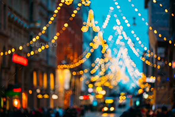 Helsinki, Finland. New Year Boke Lights Xmas Christmas Festive I - Stock Photo - Images