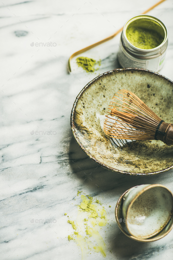 Japanese tools and cups for brewing matcha tea, selective focus - Stock Photo - Images