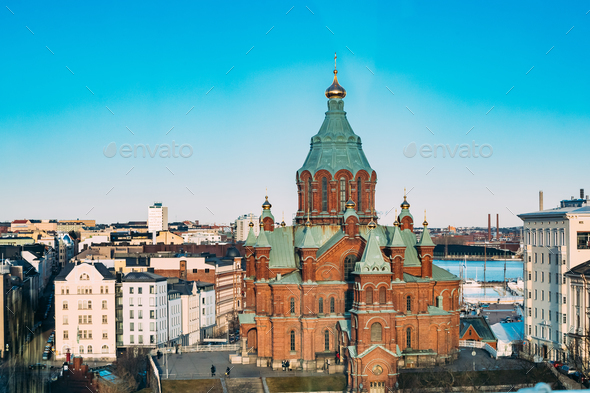 Helsinki, Finland. Uspenski Cathedral On Hill At Winter Sunny Da - Stock Photo - Images