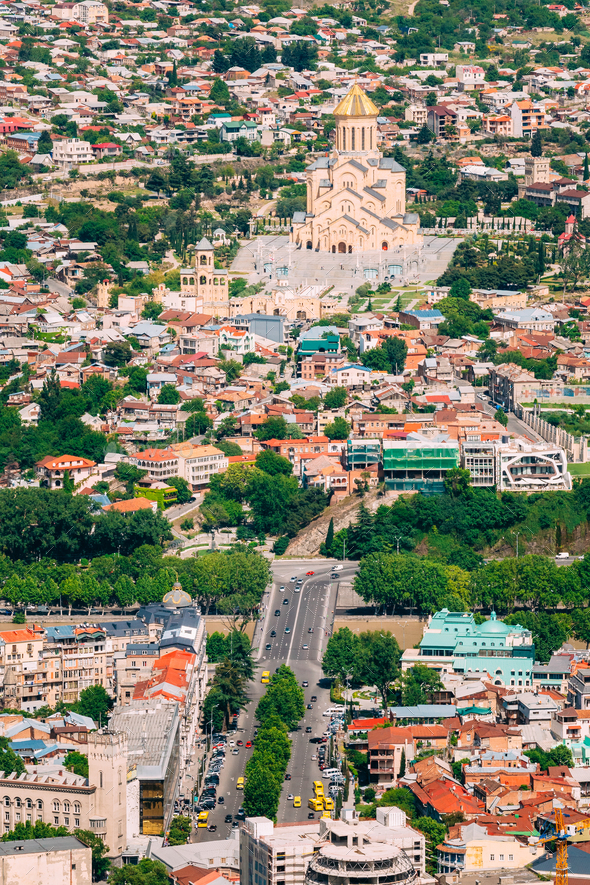 Tbilisi Georgia. Aerial View Of Baratashvili Bridge, Sameba Comp - Stock Photo - Images