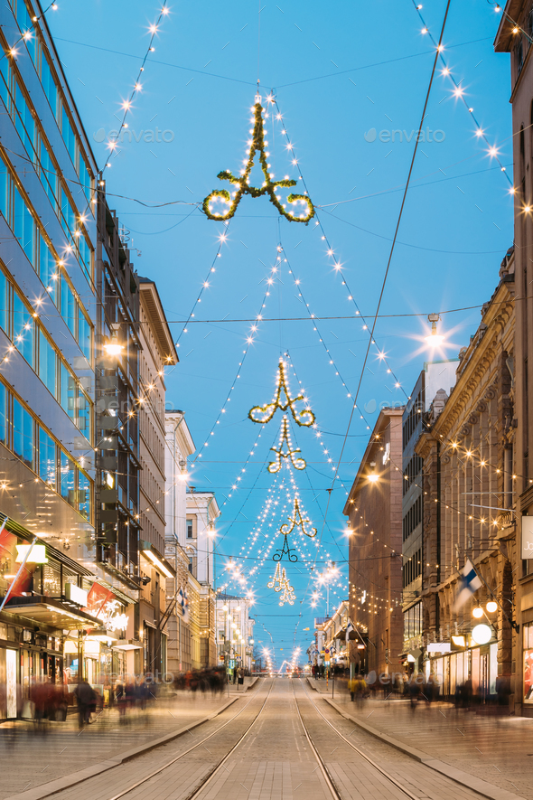 Helsinki, Finland. Night View Of Aleksanterinkatu Street With Ra - Stock Photo - Images