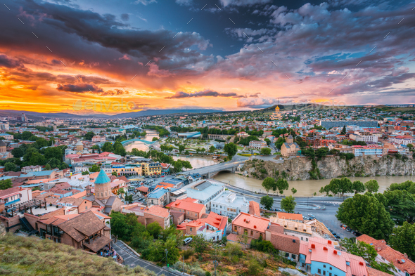 Tbilisi, Georgiai. Colorful Sunset. Summer Cityscape. - Stock Photo - Images