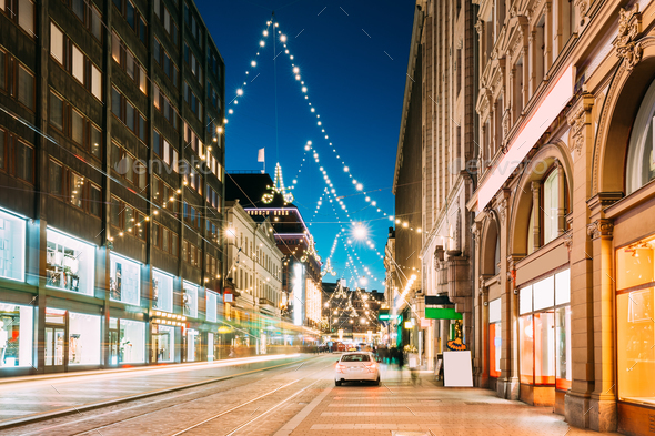 Helsinki, Finland. Night View Of Aleksanterinkatu Street With Ra - Stock Photo - Images
